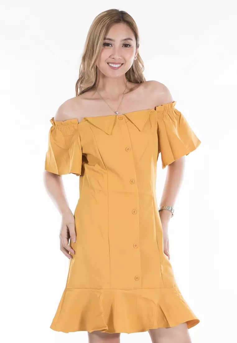 Off shoulder button down dress hotsell