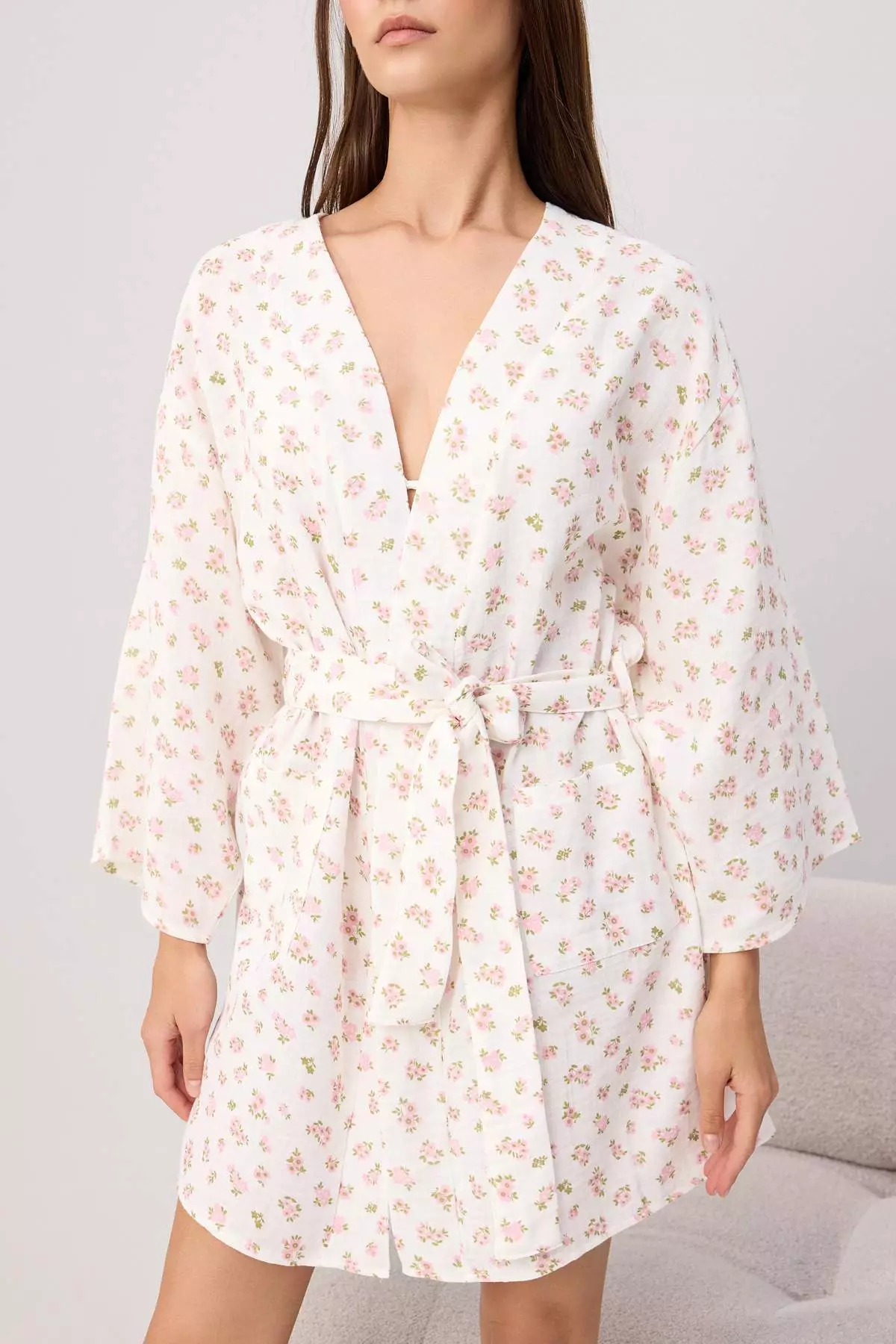 Ecru-Pink 100% Cotton Heart Belted Muslin Woven Dressing Gown Thmss25Sb00000