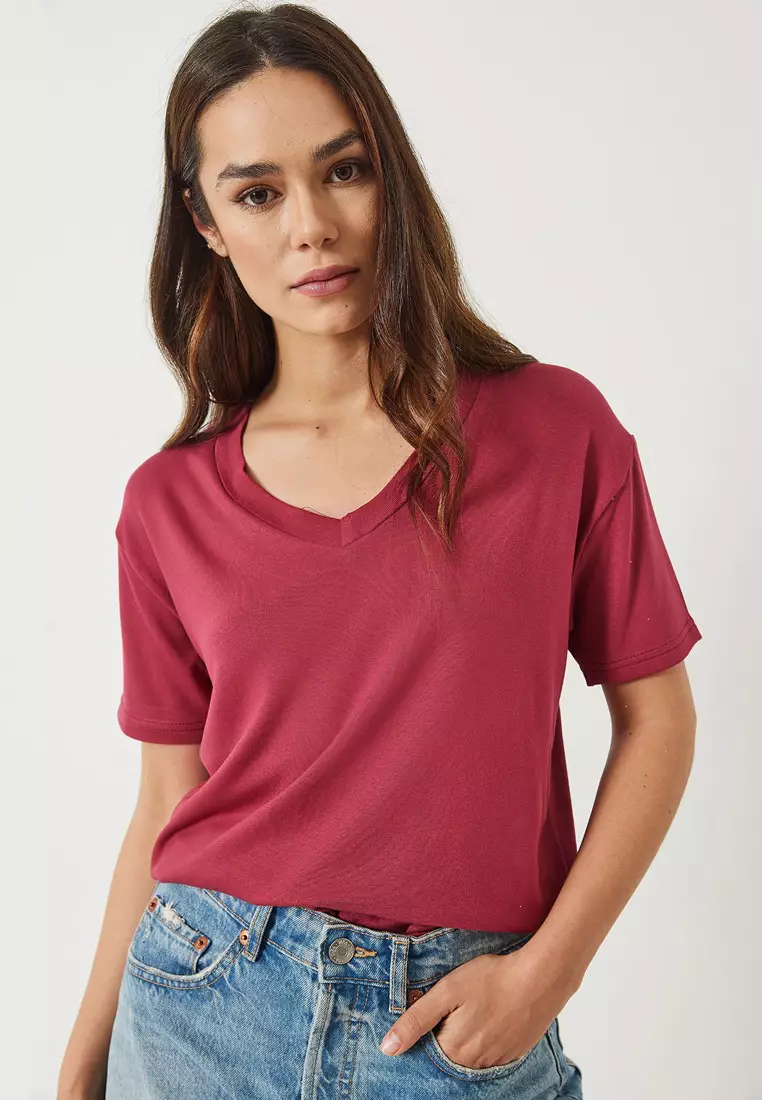 Buy Bianco Lucci Women's V-Neck Short Sleeve Viscose T-Shirt 3077