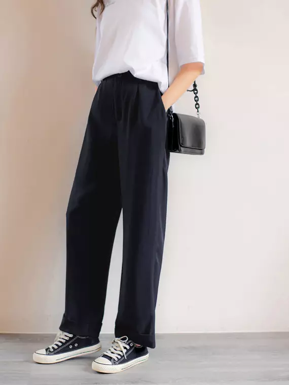 Wrinkle-Resistant Elastic Waist Straight-Leg Cuffed Suit Pants [BA6173]