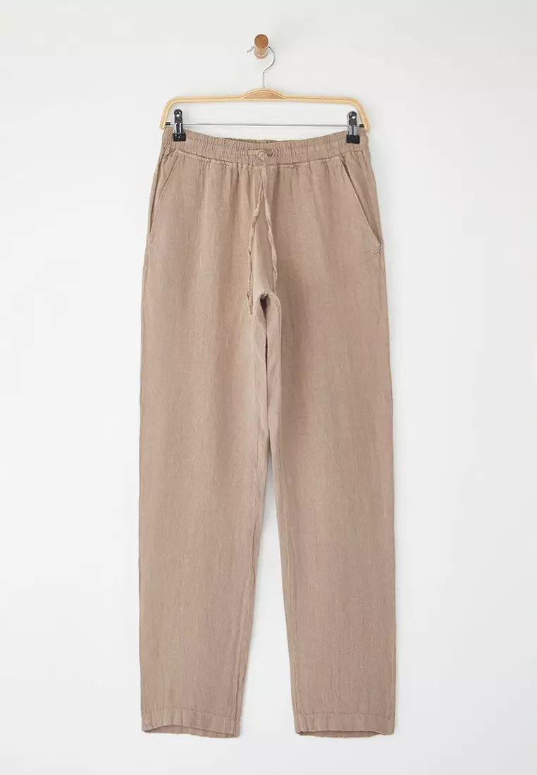 Beige Limited Edition 100% Linen Regular Fit Trousers  TMNSS24PL00018