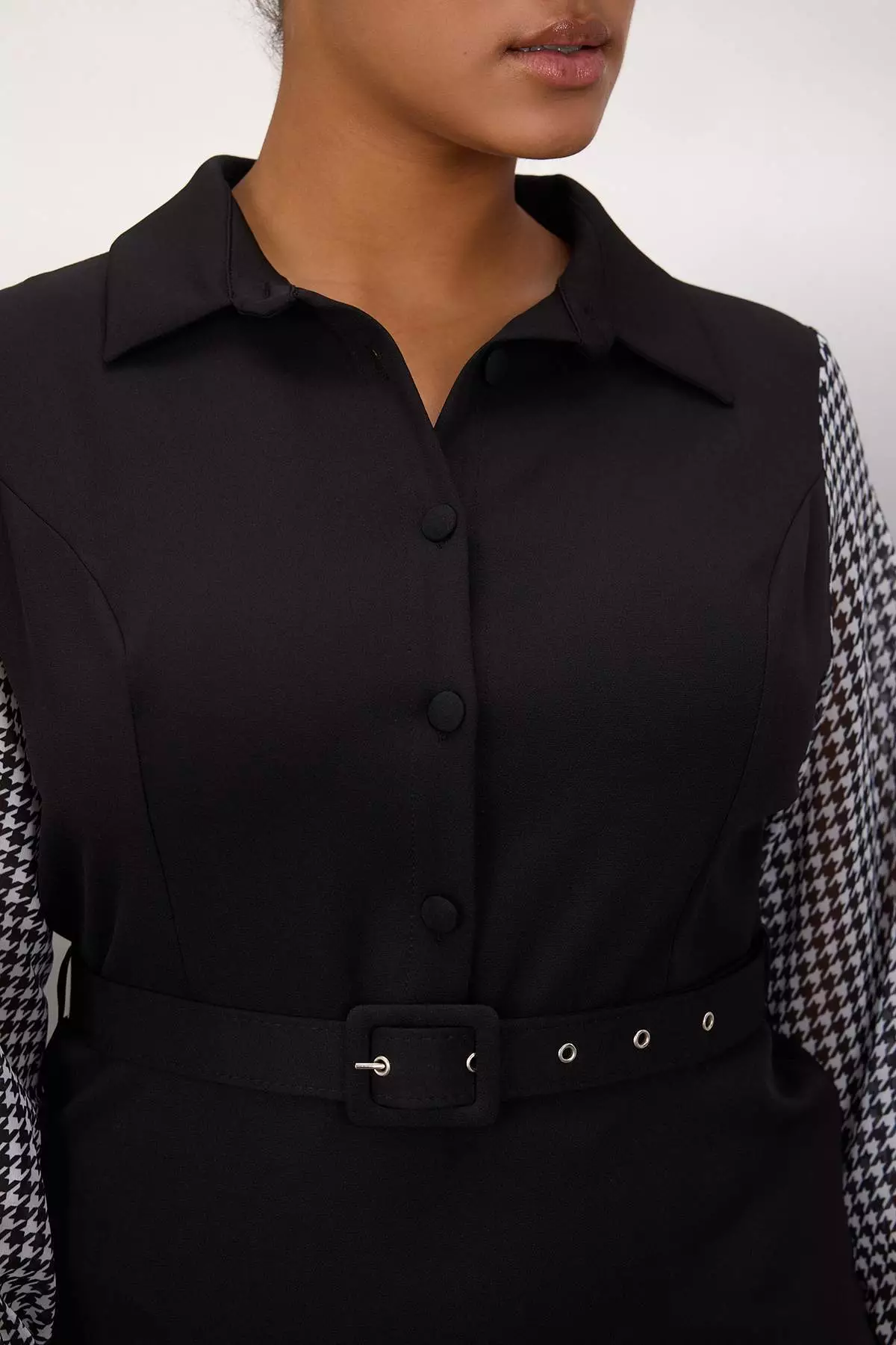 Black Belted Sleeves Houndstooth Mini Woven Plus Size Dress Tbbaw26Ah00031