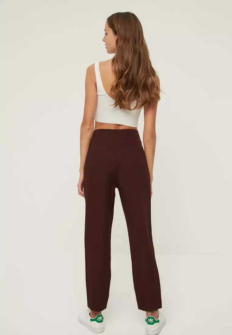 Dark Brown Cigarette Cut Darted High Waist Ankle Length Woven Fabric Trousers TWOSS20PL0515