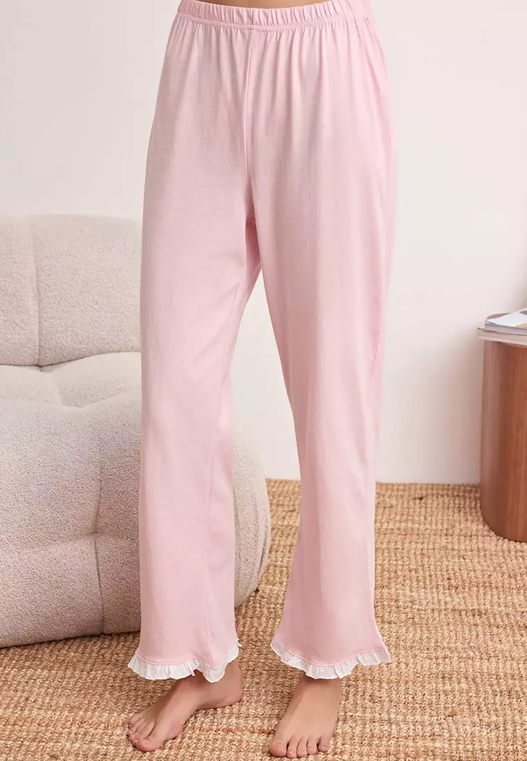 Ecru-Pink 1% Cotton Ruffle Detailed Knitted Pajama Set Thmss24Pt223