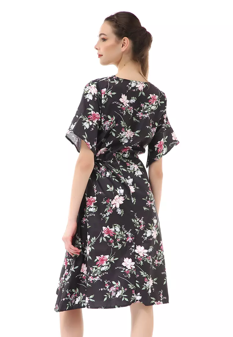 Rachel Midi Dress Wanita Karet Pinggang Short Sleeve Floral Motif Material Polyester ORIGINAL - Black