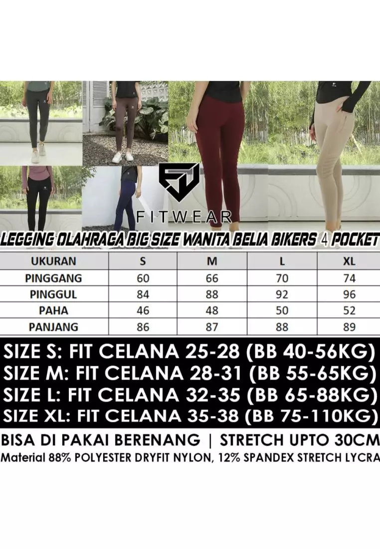 Fitwear - Legging Big Size Olahraga Wanita BELIA BIKER 4 POCKET - BURGUNDY