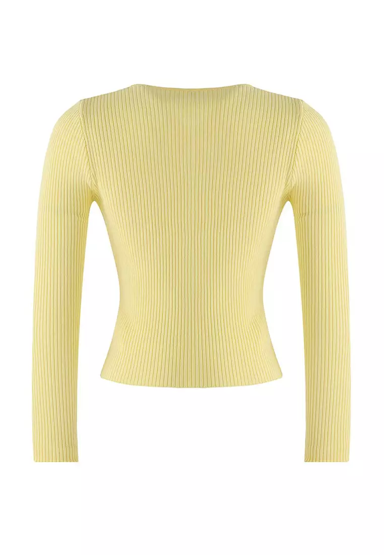 Yellow Mercerized Look Ribbed Knitwear Cardigan