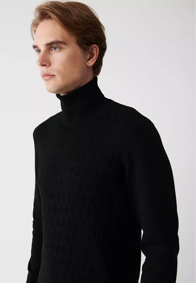 Men's Black Turtleneck Cotton Patterned Knitwear Sweater A32Y5198