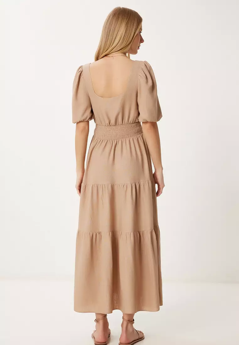 Women's Beige Flounced Midi Linen Dress Fk00013