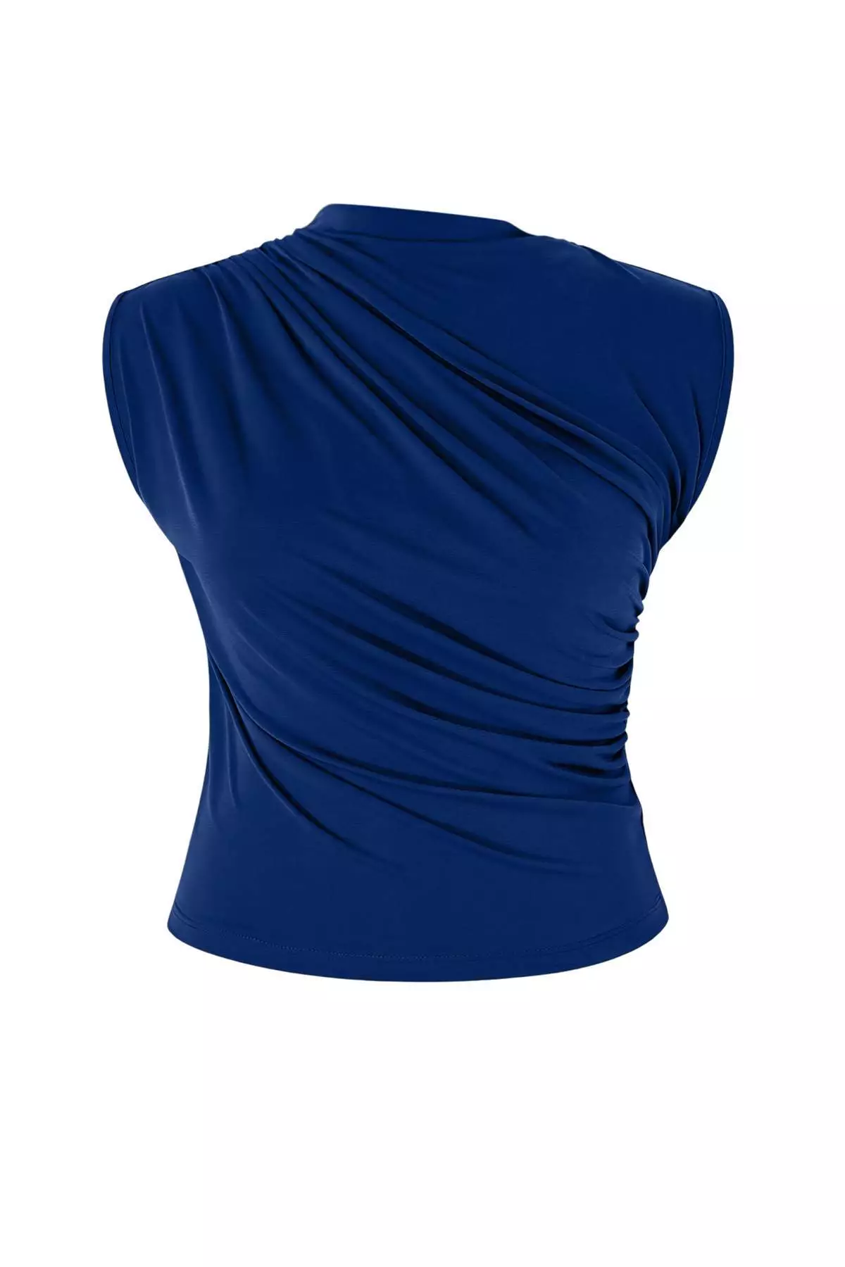 Indigo High Neck Gathered Detailed Sleeveless Knitted Plus Size Blouse Tbbss26Af00065