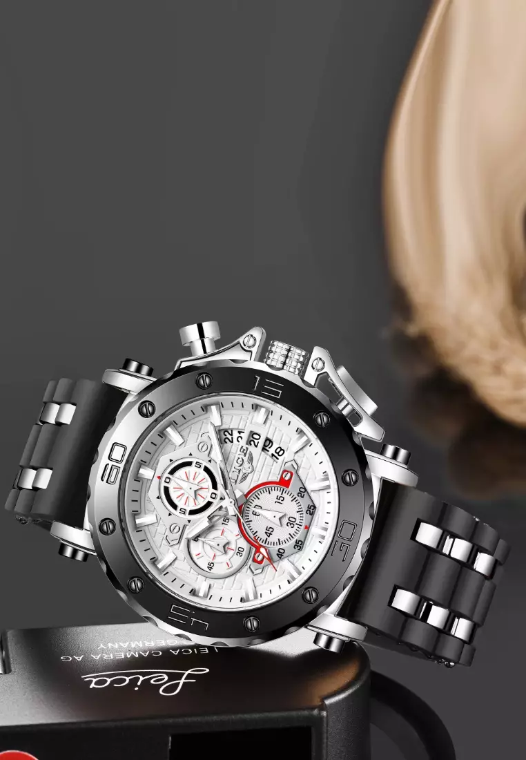 Chronograph Unisex Stainless Steel Quartz Watch, Black Bezel, White dial, Rubber and Metal Strap