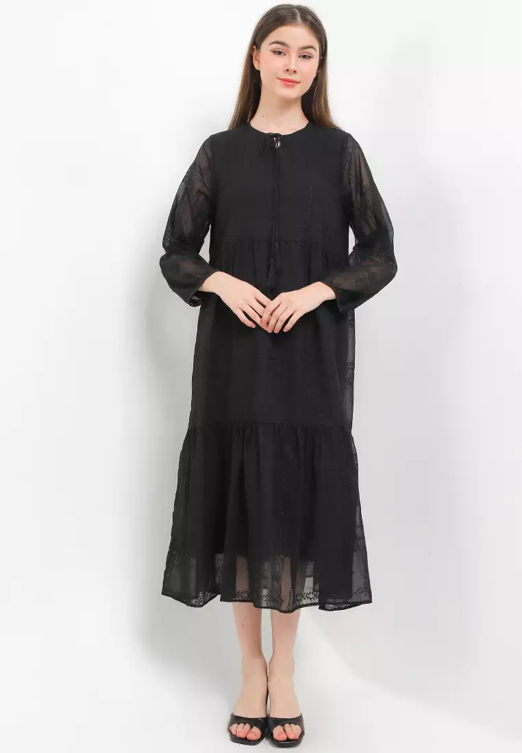 3 Tier Emb Chiffon Long Dress W/ Tassels