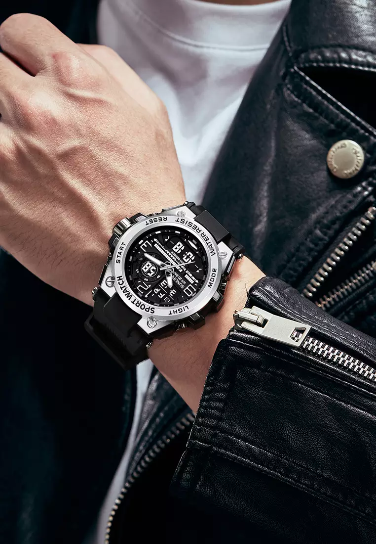 Jam Tangan Pria Digital&Analog Olahraga Multifungsi Tali Silikon Jam Tangan Cowok D003 black silver