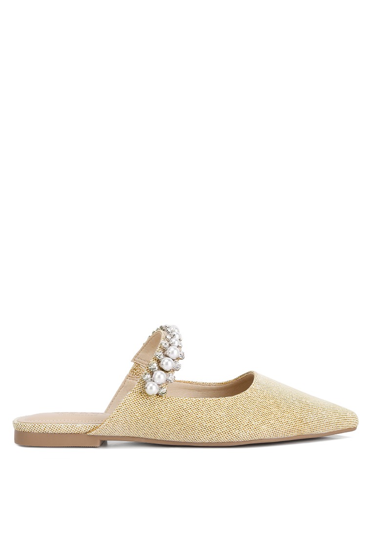 Mary Jane Cutout Embellished Mules in Beige
