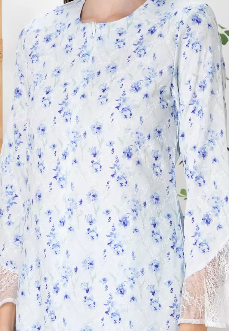 ANGGUN Lace Sleeves Cotton Embroidery Kurung Kebaya Modern in Blue