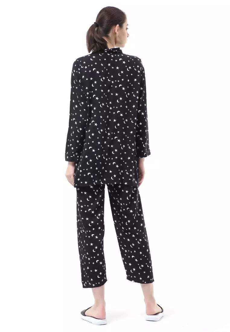 Nayra One Set Setelan Kemeja Wanita Lengan Panjang Motif Bintang Full Kancing Material Rayon ORIGINAL - Black