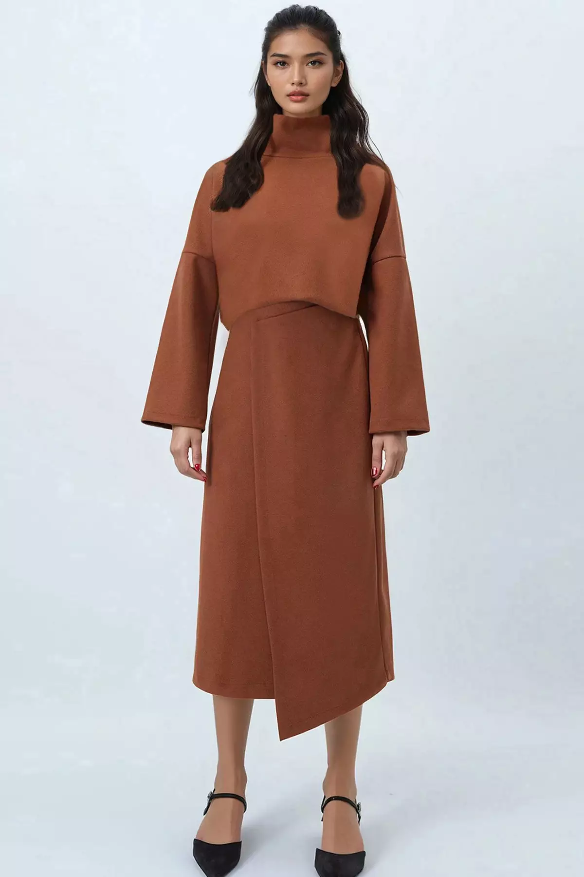 Women'S Cinnamon Brown Stand Collar Wide Cut Blouse And Asymmetric Wrap Midi Skirt Kaşmi Takm Alc-X14443