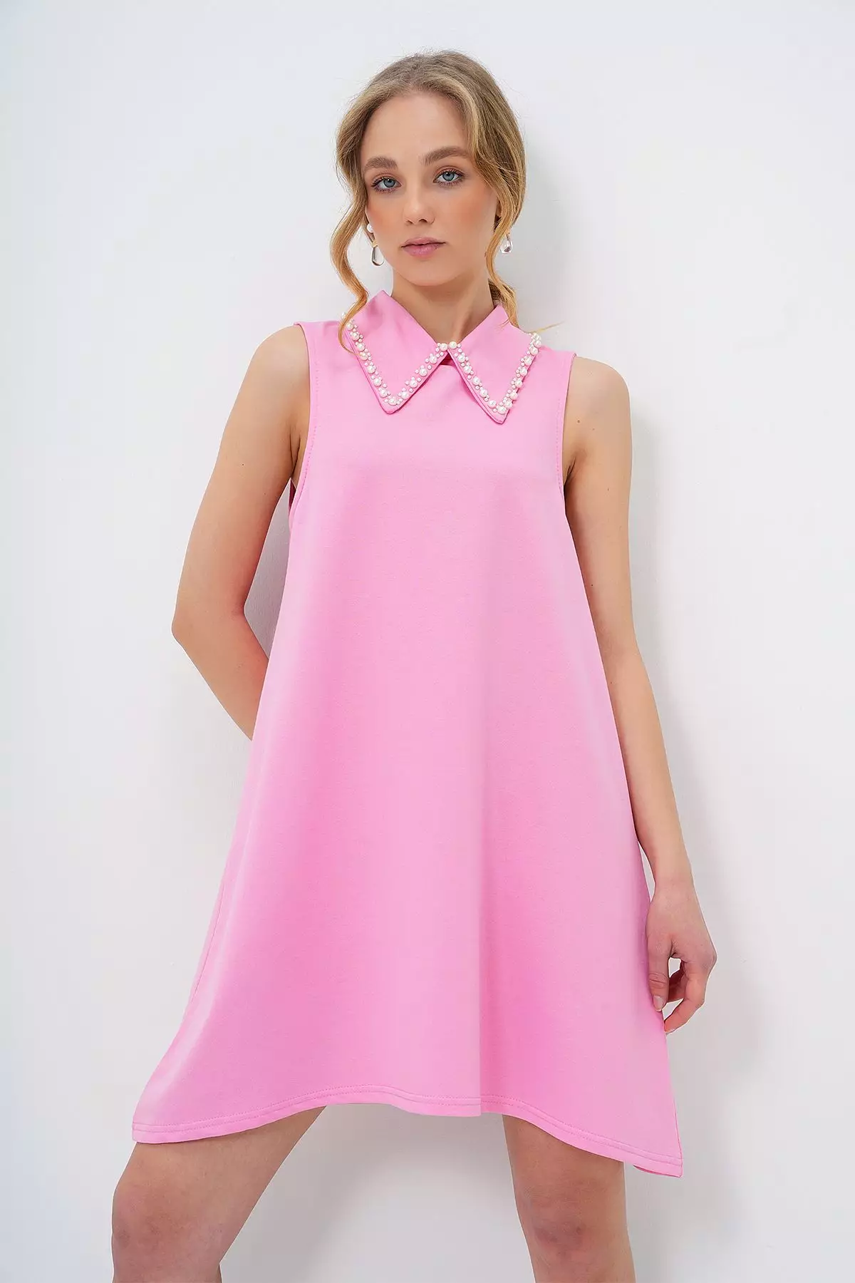 Women's Pink Faux Pearl Collar Sleeveless Basic Dress