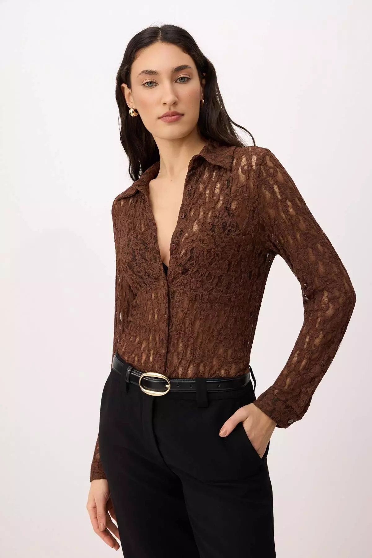 Brown Straight Fitted Shirt Collar Long Sleeve Lace Knitted Shirt Twoss26Go173