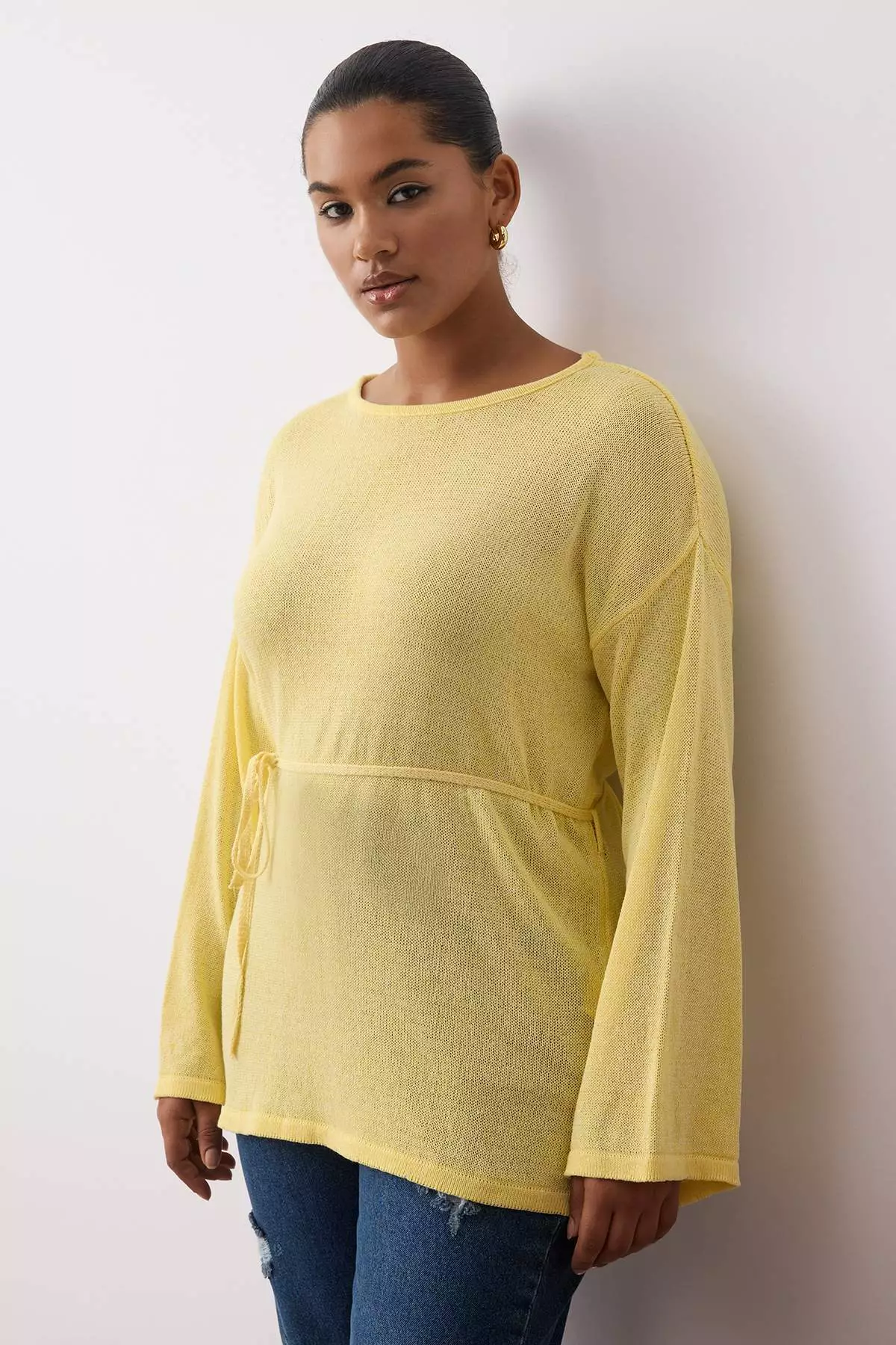 Yellow Boat Neck Waist Belted Slim Knitwear Sweater Tbbaw26An00036
