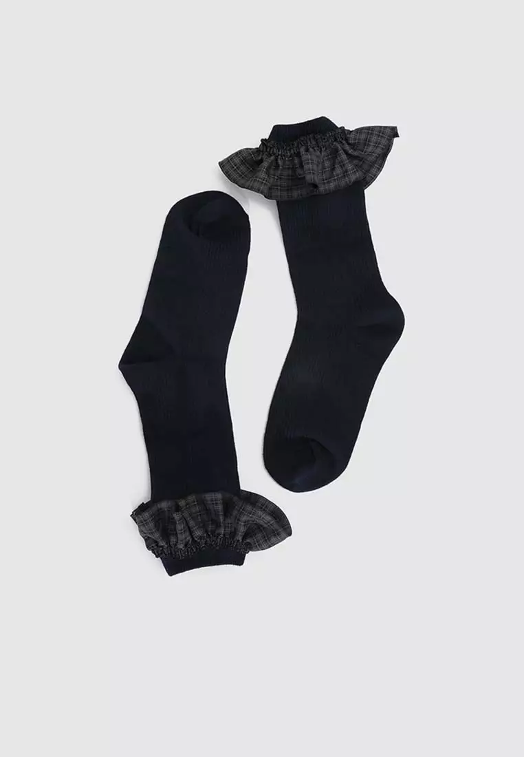 Plaid Ruffle Cuff Textured Knit Cotton Sock