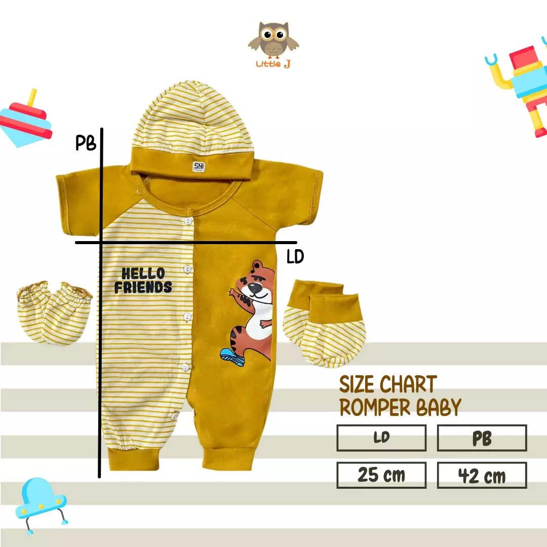 Little J- (1938) Romper bayi 4in1 motif singa set lengkap topi sarung,tangan & kaki dan bahannya adem 