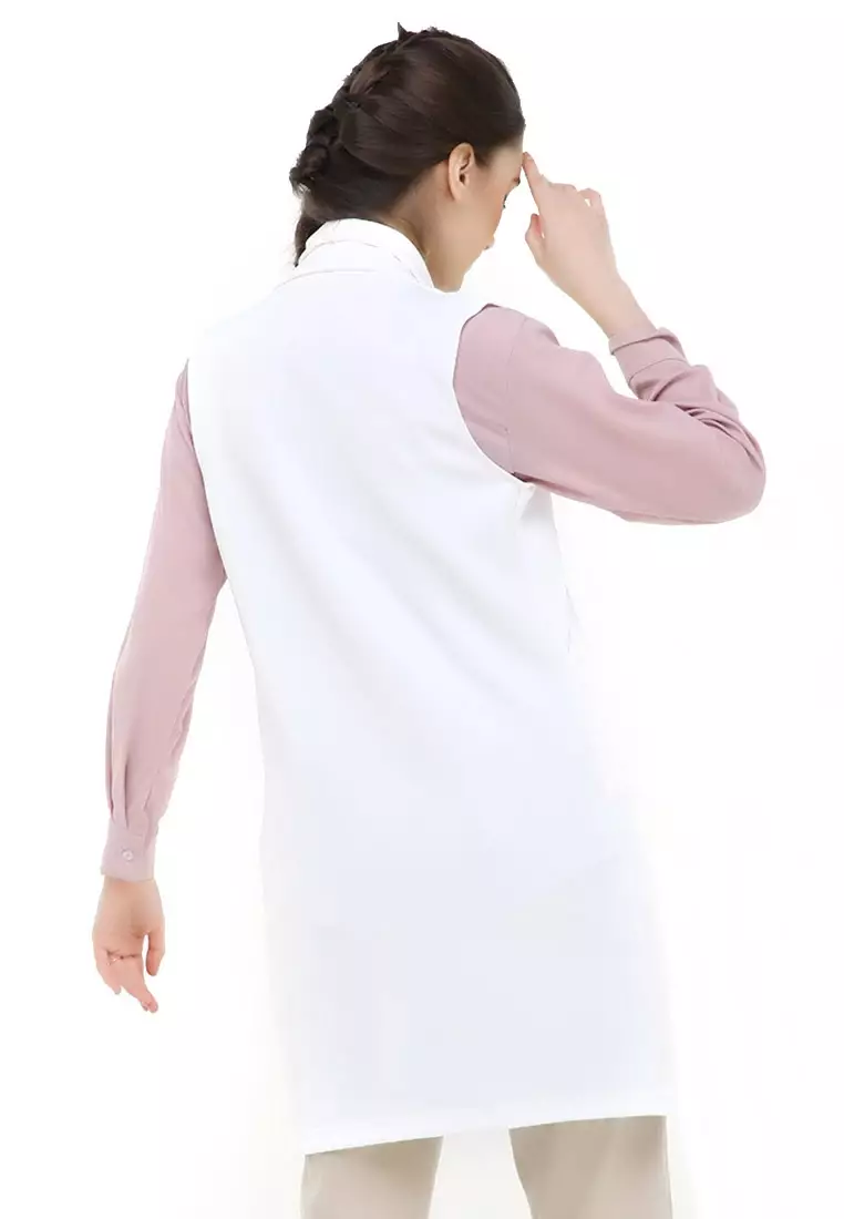 Qemsya Blazer Wanita Sleeveless Simple Casual Plain Outer Material Scuba ORIGINAL - White