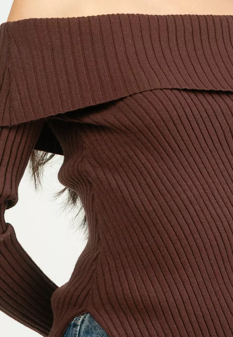 Asymmetrical Rib Off Shoulder Knit Top