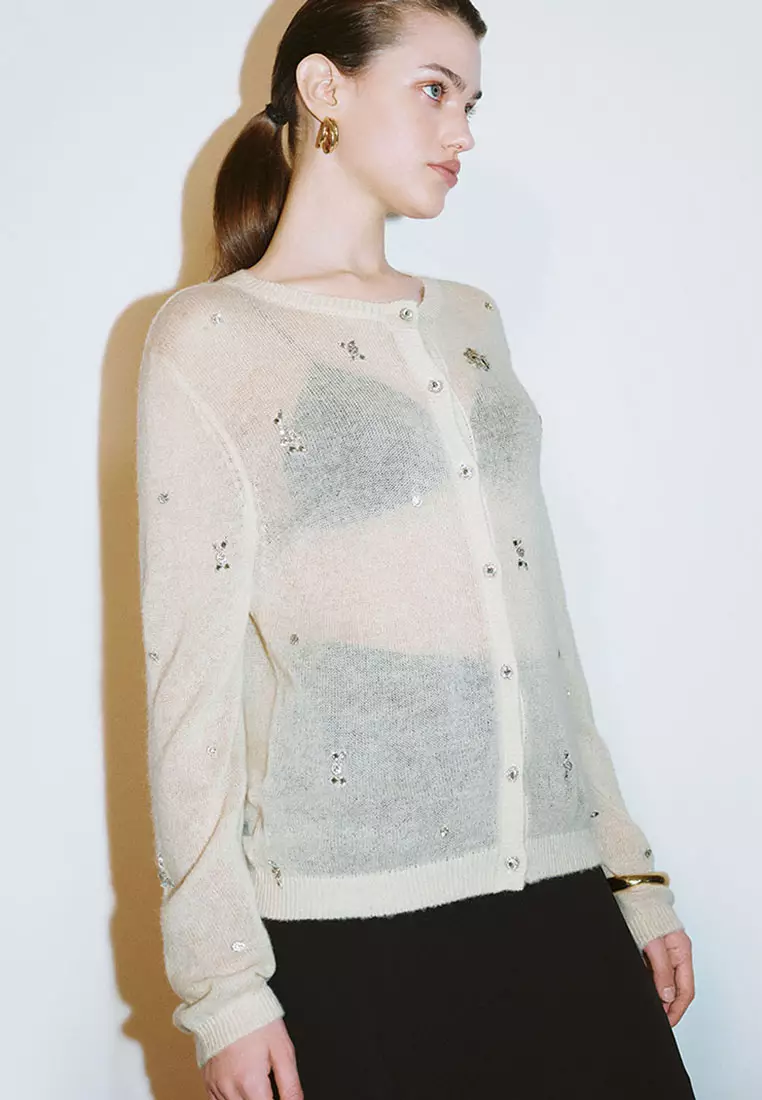 UR春季新款女装摩登魅力烫钻饰圆领针织开衫UWG950024