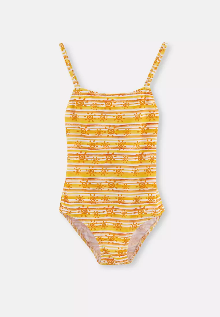 Ecru - Yellow Swimsuits, Sun Print, Non-wired, Swimwear for Girls