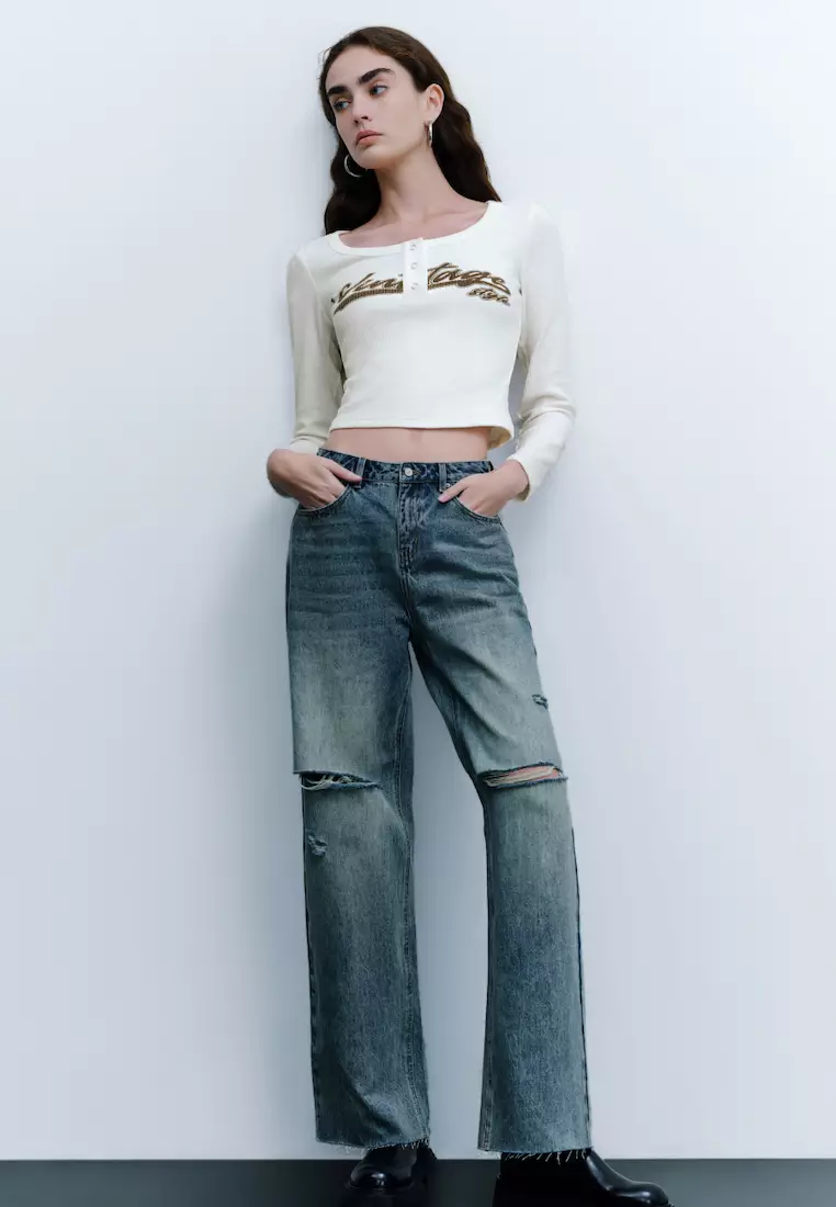 Buy URBAN REVIVO Mid-Waist Frayed Jeans 2024 Online