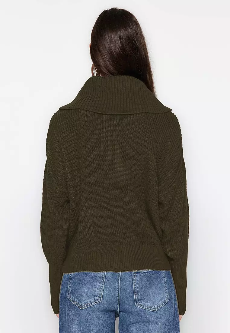 Turn Down Collar Zippered Khaki Knitwear Cardigan Wide Fit