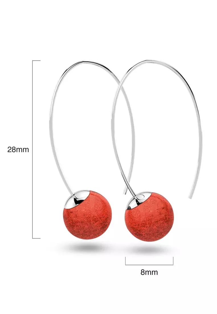 Round Red Coral Dangle Earrings-Silver/Red