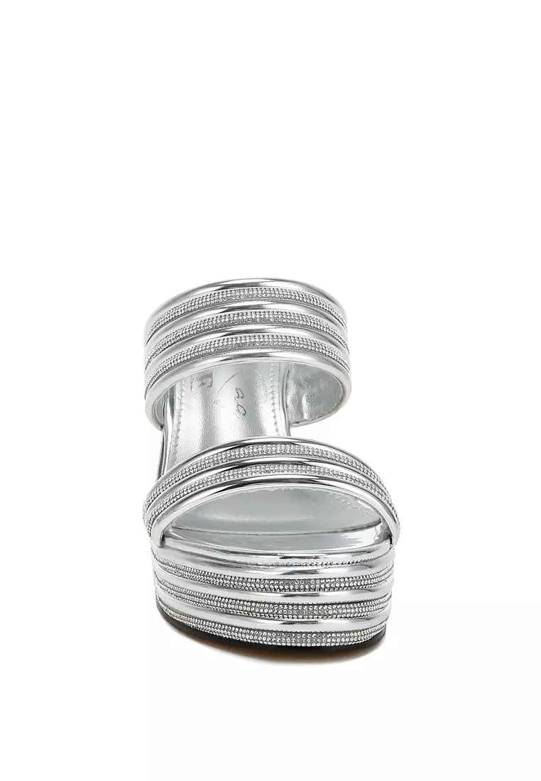 Metallic Faux Leather Wedge Sandals in Silver