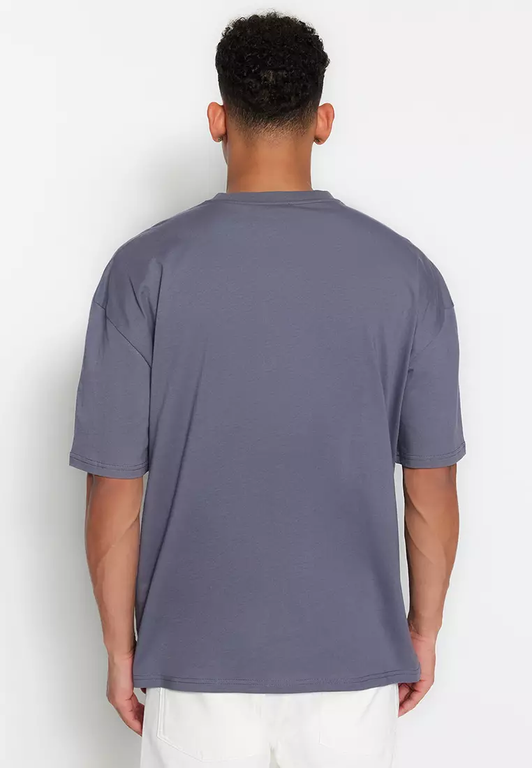 Anthracite Unisex Oversize/Wide Cut Crew Neck Short Sleeve Printed T-Shirt