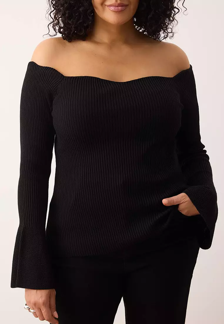 Black Ribbed Carmen Collar Knitwear Sweater Tbbaw26An00031