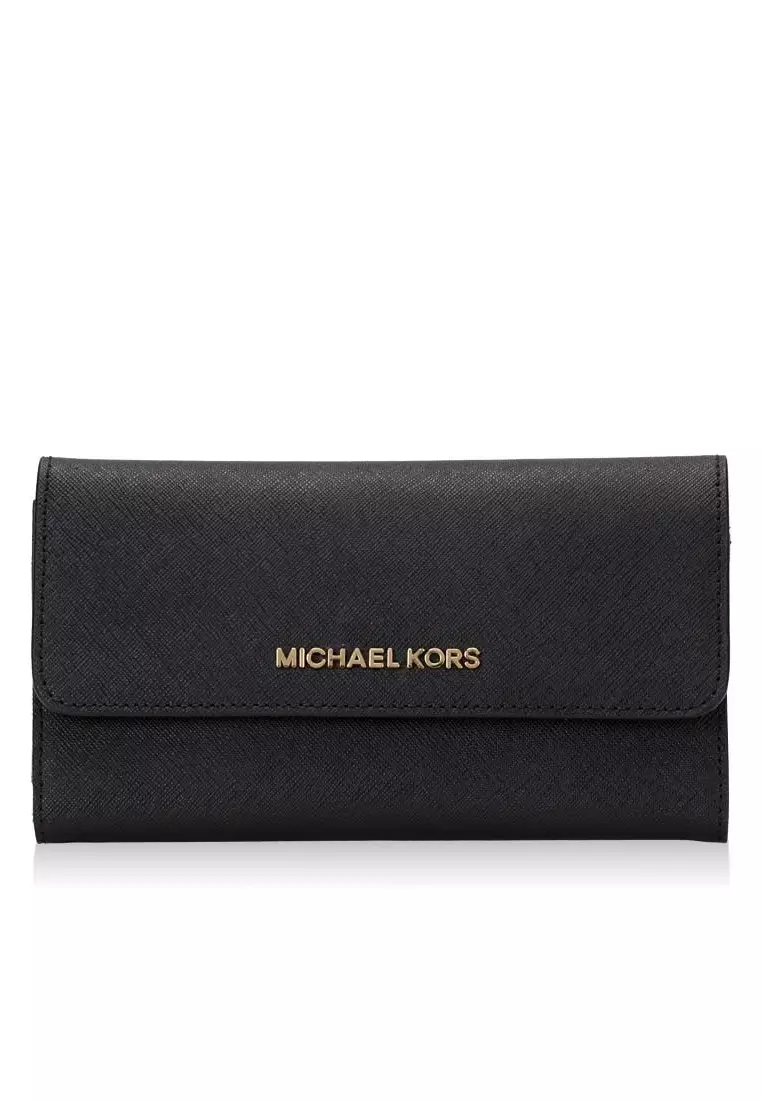 Michael Kors Jet Set Travel Large Trifold Wallet Black Signature MK 