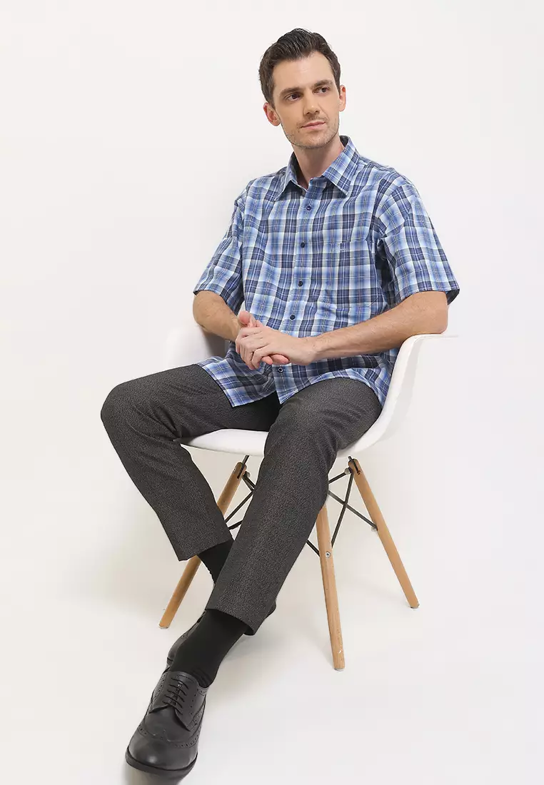 Kemeja Lengan Pendek Pierre Cardin Check Samueatte - Blue Regular Casual