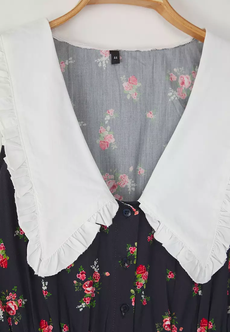 Multicolored Floral Poplin 100% Cotton Baby Collar Midi Woven Plus Size Dress TBBSS25AH00158