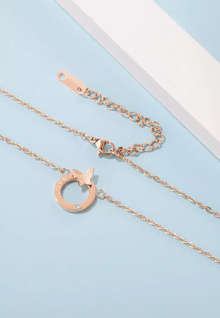 Butterfly in Love Necklace in Rose Gold Plated Titanium with Genuine 0.005ct Diamond