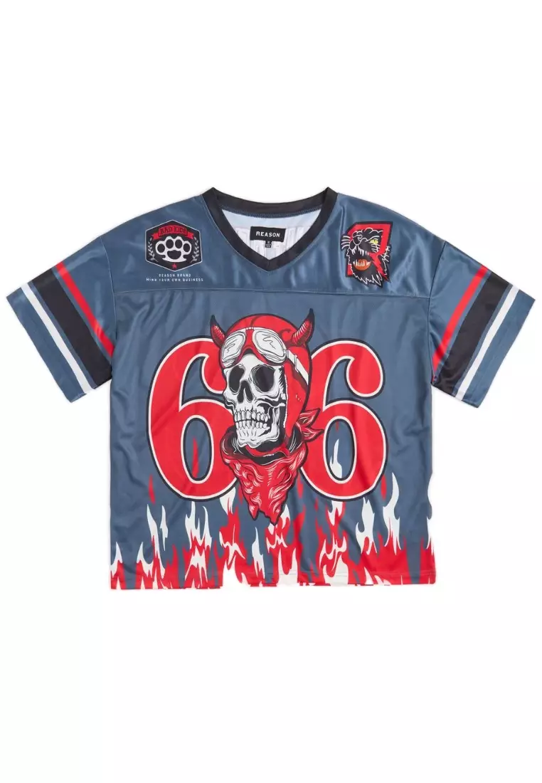 NYC Streetwear - 66 Skull American Football Jersey - Grey, Red