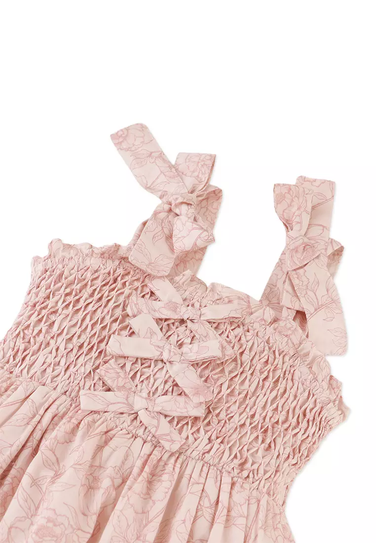 Savannah Floral Toile Print Dress with Smocked and Velvet Bows Bodice