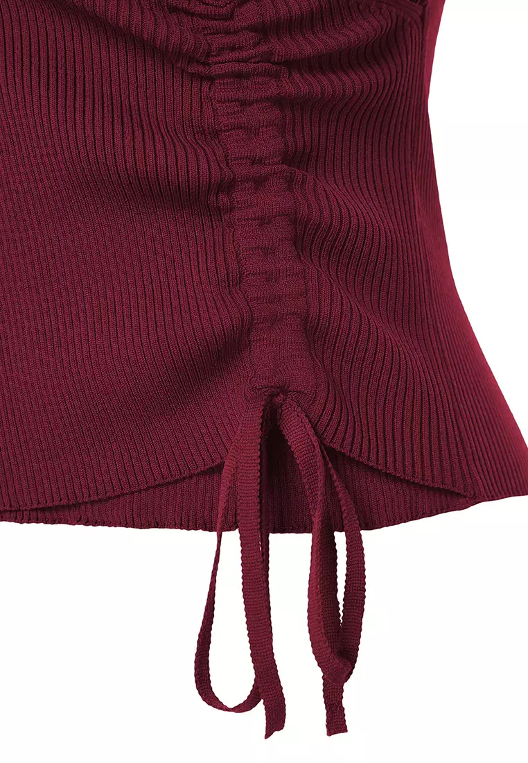 Burgundy Double Breasted Gather Detailed Knitwear Sweater