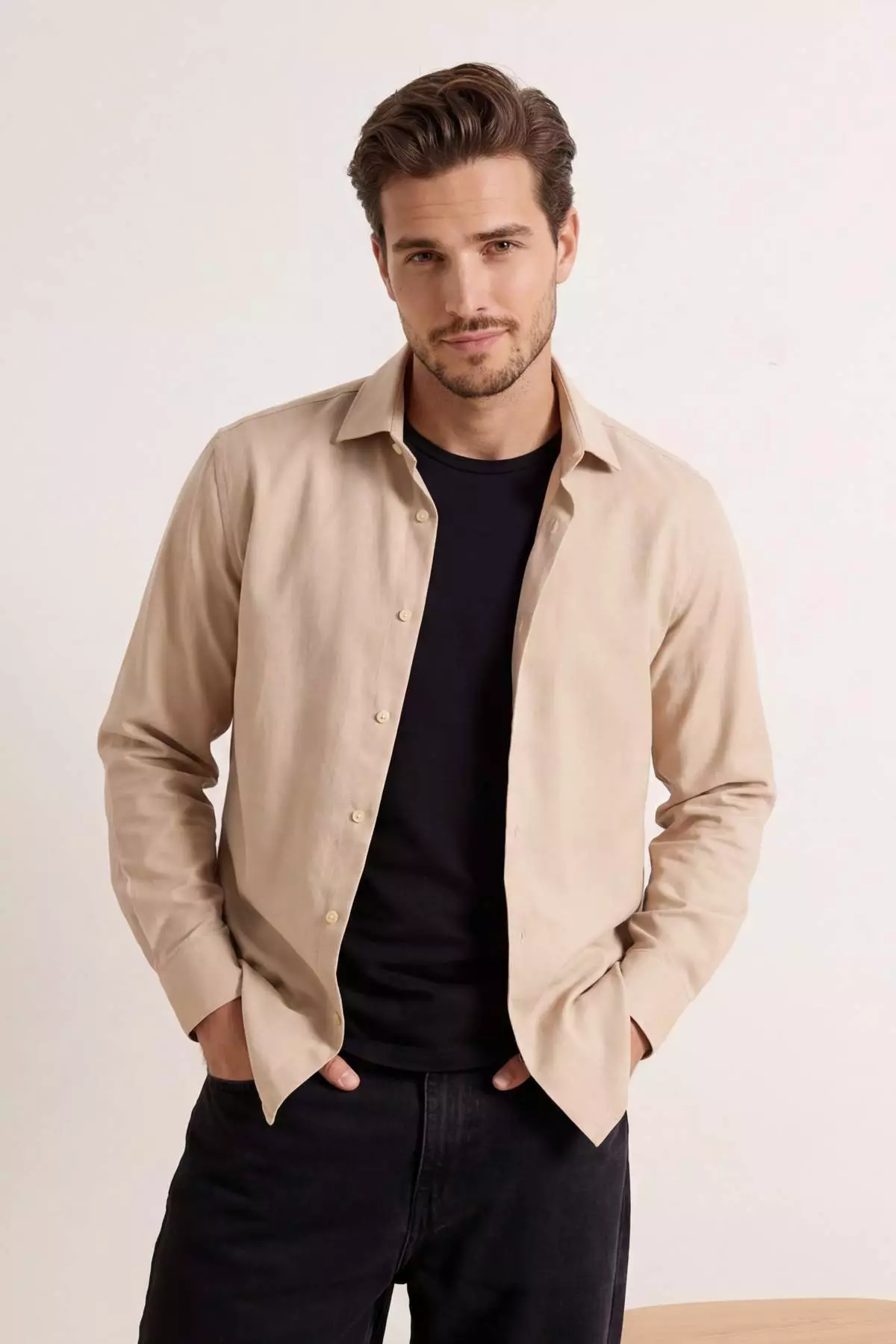 Beige Regular Fit Linen-Look Seasonal Men'S Woven Shirt Tmnss26Go00007