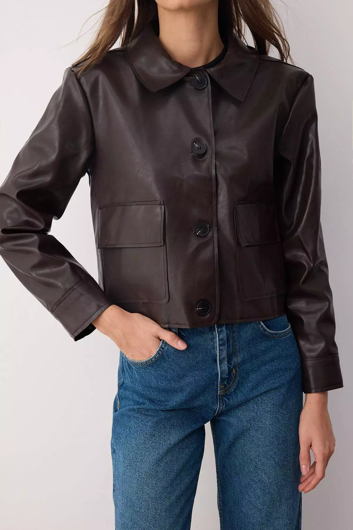 Dark Brown Faux Leather Shirt Collar Woven Jacket Twoaw26Ce00008