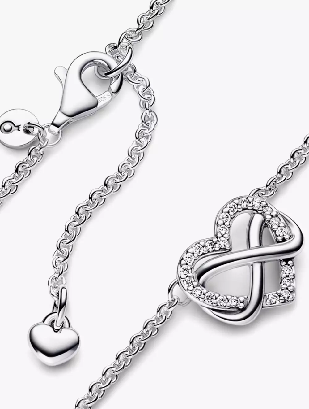 Infinity heart sterling silver necklace with clear cubic zirconia