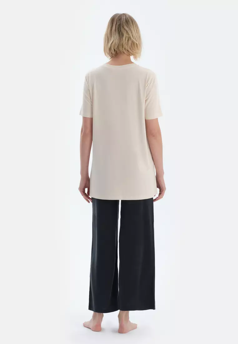 Ecru T-Shirt, Crew Neck, Regular, Short Sleeve Loungewear for Women