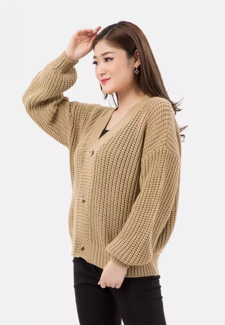 Button Puff Sleeve Knit Cardigan