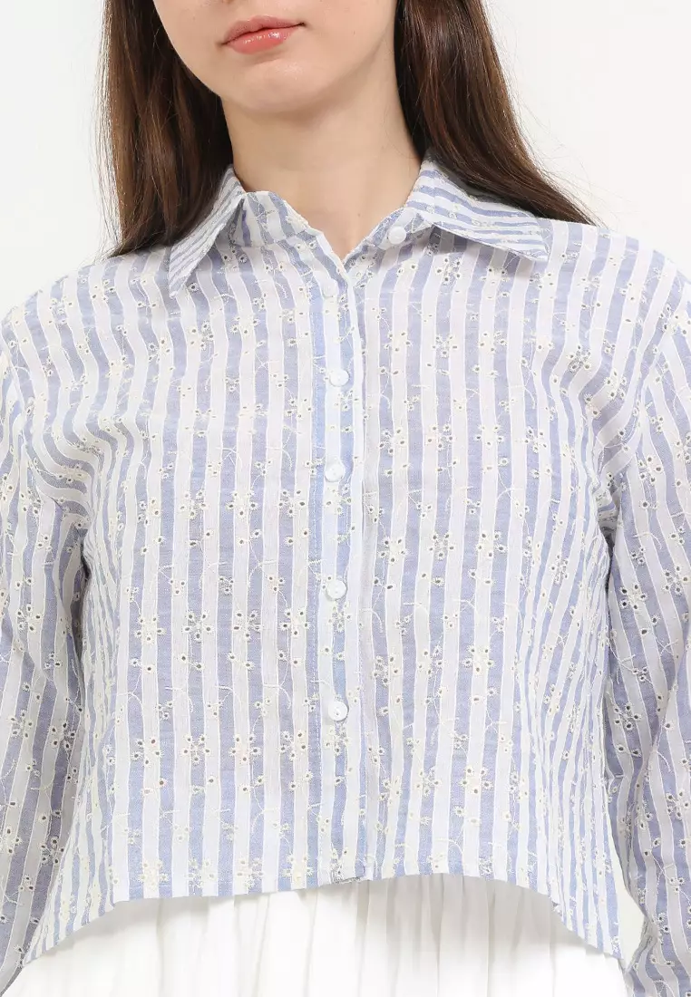 L/S Eyelet Flo Emb Cropped Stripes Shirt