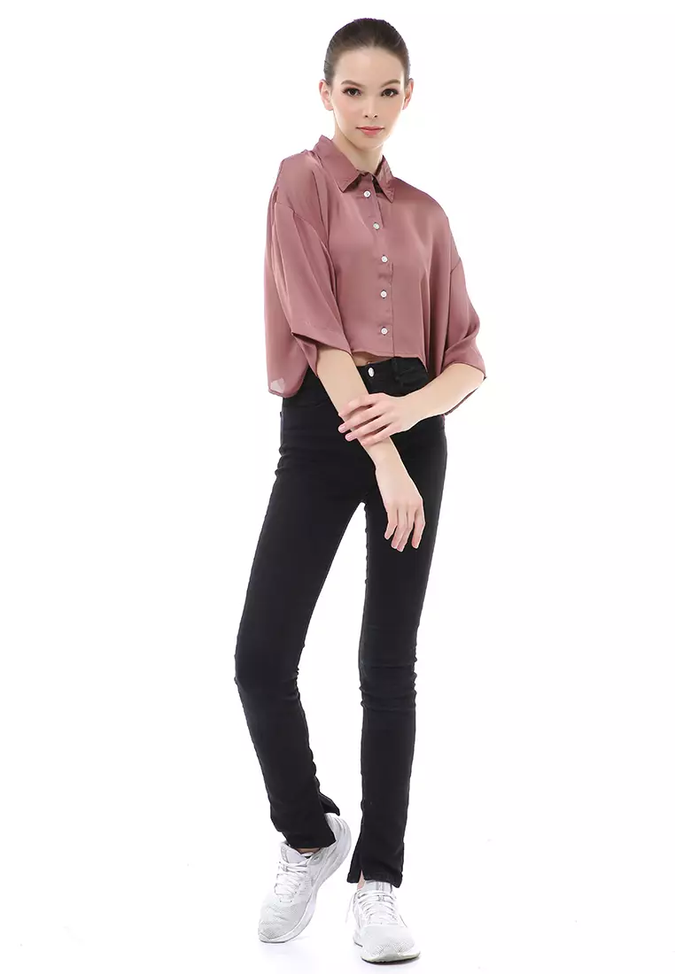 Brielle Atasan Wanita Kemeja Oversize Plain Motive Lengan Pendek Material Satin ORIGiNAL - Mauve